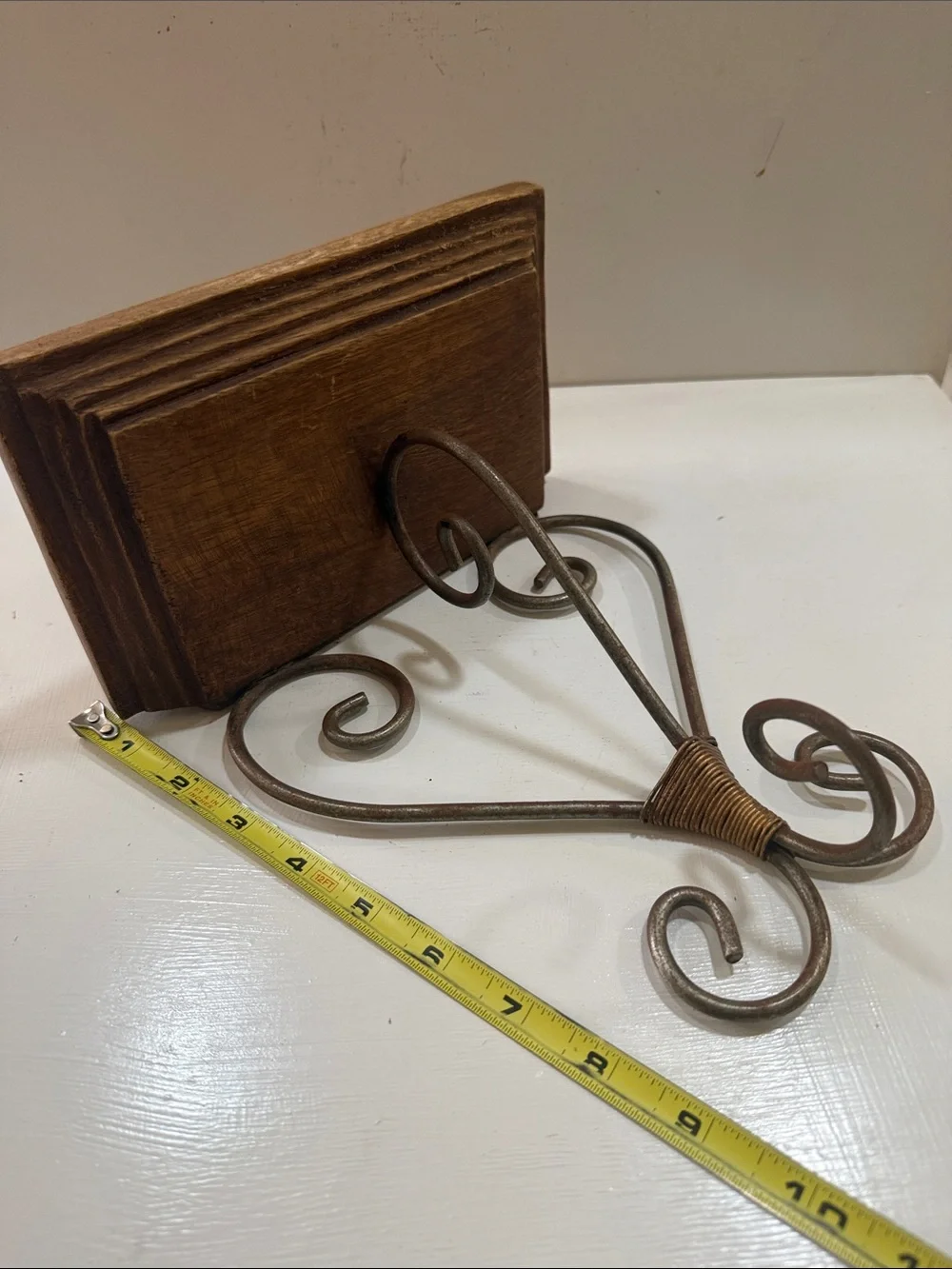 Brown Solid Wood and Metal Wall Shelf with Decorative Scroll Bracket Vintage